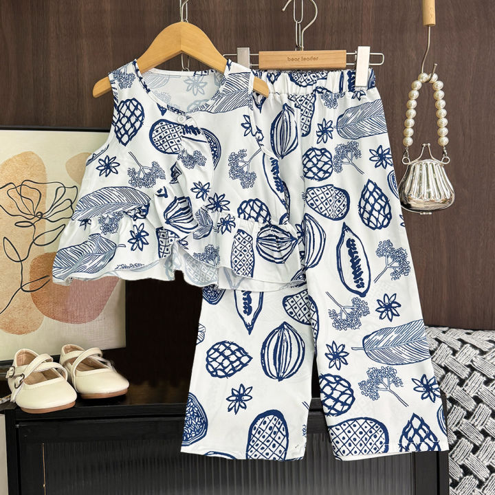 Bear Leader Summer New Baby Girls Clothes Sets Casual Teen Kids Wear Ruffle  Fruit Graffiti Printed T-shirt Top Wide Leg Pants Casual Pcs Suits
