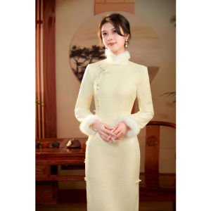 Thickened Fleece Long Qipao Dress Elegant Style Warm Daily Wear Autumn Winter Seasonal Light National Style in Beige Color