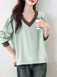 September Lazy Style Womens Sweatshirt V-Neck Loose Fit Versatile Slimming Fall Fashion Long Sleeve Korean Version Polyester Elastic Fiber