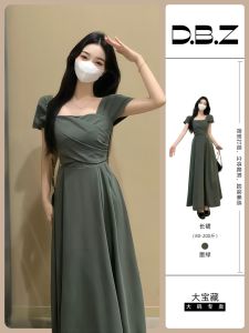 Elegant plus Size Dress Square Collar A-Line Silhouette High Waist Long Skirt Vintage French Style Gathered Short Sleeve