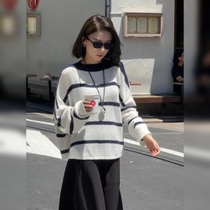 YUFUQING | Laid-back Style Womens White Round Neck Long Sleeve Striped Knitwear Casual Loose Fit Versatile Top For Early Autumn Commute