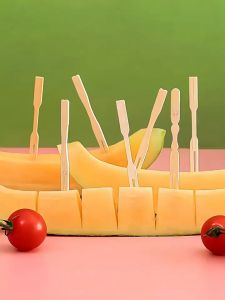 300/600Pcs Fruit Fork Bamboo Stick Bamboo Fruit Stick Cake Snack Fork Disposable Bamboo Wooden Fork Catering
