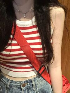 Sọc Đỏ Ice Silk Dệt Kim Áo Bralette Bể Nữ Mùa Hè Ngọt Cay Bên Trong Mặc Áo Sơ Mi Không Tay Thiết Kế Lưng Mở