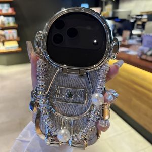 Cute 3D Spaceman Shape Case for iPhone 18 Pro Max 17 13 14 15 16 Plus Sparkle Glitter Anti Drop Chain Diamond Wrist Strap Cover