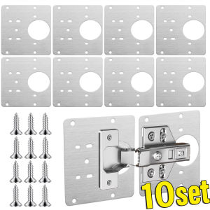 10set Cabinet Door Hinge Repair Plate Kit Stainless Steel Furniture Wardrobe Hinge Mounting Plate with Screw Flat Fixing Bracket Tools