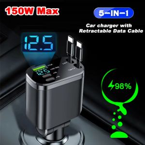 Kebeteme | 5 IN 1 Retractable Car Charger USB Type C PD Retractable Cable For iPhone Samsung Fast Charging Cord Cigarette Lighter Adapter