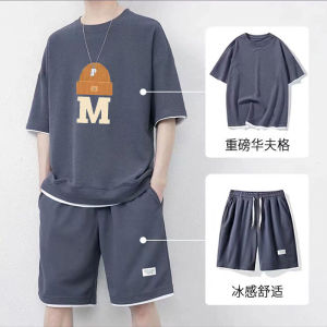 Waffle Shorts Suit Mens Summer Thin Ice Silk Short Sleeve T-shirt Running Athleisure Fifth Pants Two-piece Set