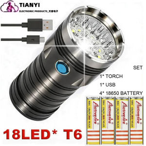 Activefire | Đèn Pin T6 Công Suất Cao 18 Đèn LED Sáng Có Thể Sạc Lại Bằng USB Hợp Kim Nhôm Đen Chống Nước Với 4 Pin Li-ion 18650