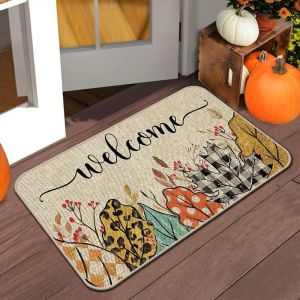 VIKAMA Fall Pumpkin Welcome Mat Leopard Print Patchwork Pumpkin Door Rug Rustic Look Entryway Floor Mat Non Slip Autumn Decor