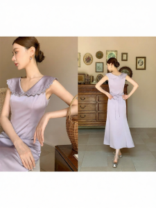 XXNING | Đầm Cá Ngựa Thắt Eo Cổ Xếp Li Thêu Pháp