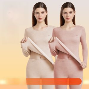 MiiOW | Womens Thermal Underwear Set Fleece Lined Thickened Seamless Autumn Winter Clothes Silk Wool Blend Long Sleeve Round Neck Top