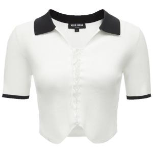 Vero Moda Slim Fit Knitted Short Sleeve Shirt with Collar for Women Fashionable Versatile Color Block Summer Sweater