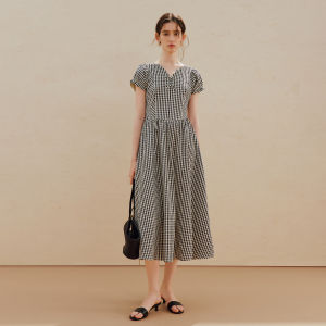 INMAN | Plaid Bow V-Neck Puff Sleeve Dress Long Skirt