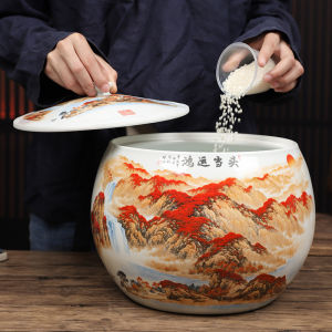 Jingdezhen Ceramic Rice Tub Household Use 10kg Sealed with Lid Anti-Insect Moisture Proof Storage Container Kitchen Utensil