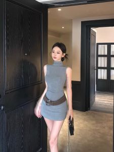 Gray Vest Dress Halter Neck Slim Fit Summer Skirt Korean Style Commute A-Line Short Dress for Young Women under 24 Years Old