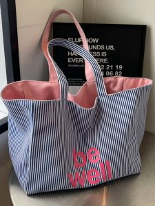 Summer Large Capacity Canvas Tote Bag Womens Striped Handbag Short Trip Travel Commuting Single Shoulder Shopping Bag