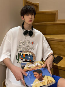 Áo Thun Nam Dáng Rộng Màu Đỏ Rượu Vang Mùa Hè Thường Ngày Cotton 100% Cổ Tròn Tay Ngắn in Chữ Phong Cách Mỹ Cổ Điển