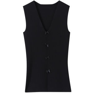 SOLWEIGE | Designer Style Long Velvet Cotton Knitted Vest Womens Slim Fit V-Neck Elastic Band Butterfly Knot Fashionable Commute Wear