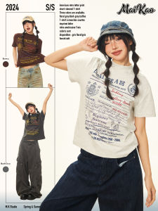 Maikao American Retro Letter Print Short Sleeve T-shirt for Women Summer Casual Small High Collar Slim Fit Top Trendy