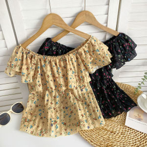 Áo Thun Tay Ngắn Họa Tiết Hoa Ngọt Ngào Phong Cách Mới Mùa Hè Cổ Chữ V Viền Lá Sen Cho Nữ