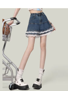 WANGGONGZHU | High Waist Lace Splice Puffy Short Skirt Womens Retro 2025 New Denim Half Skirt Summer A-Line Cake Skirt Princess Style Commute Korean Version