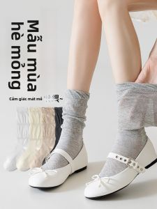JINGCHI | Tất ren mỏng mùa hè cho nữ Mary Jane cổ cao màu trắng màu xám tất cao đến giữa bắp chân bằng cotton thoáng khí