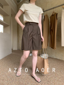 Khaki Color Commuter Style High Waist Loose Short Pants Womens Simple Design Five-Point Pants Casual Straight Leg Trousers