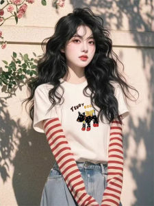 Womens round Neck T-Shirt Fake Two-Piece Stripe Pattern Spring 2025 New Style Unique Creative Korean Loose Fit Cotton Blend