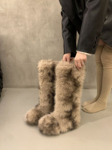 Thickened Fleece Lined Snow Boots Womens Shoes Mid-Calf Winter Warm Fur Booties Fashionable Inner Heightening Rubber Sole