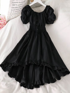 Pure Color Square Collar Flounces Dress Street Style Bubble Sleeve Midi A-Line Dress Summer Collection Womens Fashion