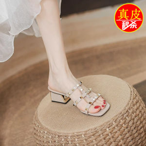Genuine Leather Sandals Womens mid Heel Outdoor Slippers Large Size Summer Thick Heel Sweet Style Rubber Sole Daily Wear