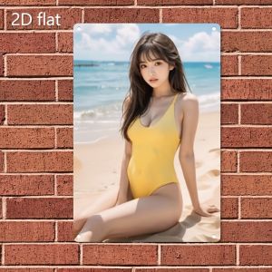 2D Metal Sign Vintage Metal Beach Wall Art Yellow Swimsuit Woman Durable Iron Coastal Decor for Home Bar Cafe