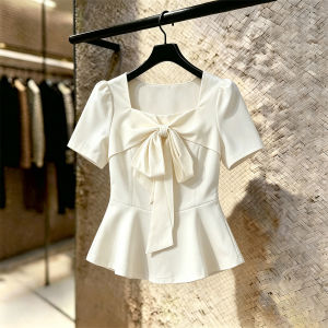 SHUAIYUE | Áo Thun Nữ Hợp Mùa Hè Cổ Vuông Nơ Không T Tay Ôm Sát Sweet Style