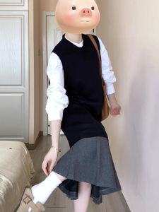 Hebe Style Black Vest Dress Set Womens Autumn Winter Korean Fashion Long Skirt Suit Two-Piece Set Standard Fit City Commute