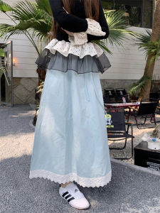 Lace Trim Splice Drawstring Loose Womens Half Skirt A-Line Umbrella Skirt Slimming High Waist Long Skirt Korean Style
