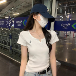 Áo Thun Nữ Tay Ngắn Thêu Cổ Chữ V Mùa Hè 2025 Phong Cách Mới Thường Ngày Thon Gọn Đầu Tròn in Họa Tiết Động Vật