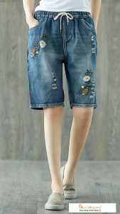 Quần lửng nữ jean lưng thun mài thêu GLQ107