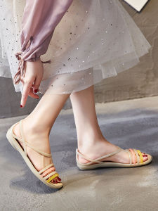 Womens Summer Comfortable Plastic Jelly Sandals Anti-Slip Flat Heel Fashion Beach Shoes Fish Mouth Hollow out Casual Slip-On