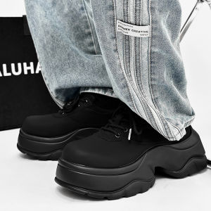 Niche Style Paris Thick Sole Derby Shoes Mens Height Increasing Full Black British Platform Shoes Leather Shoes Black Warrior Sports Dad Shoes Tide