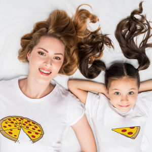 Summer Family Matching Cotton T-Shirts Short Sleeve Pizza Print Casual Wear for Three Generations Dad Mom And Kids