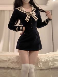 CHANGTONG | Unique Korean Style College Fashion Long Sleeve Waist Cinched Dress Popular Spring High Waist A-Line Skirt Soft Fabric Short Dress