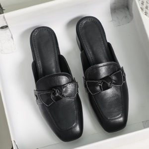 Womens Leather Slip-On Summer Shoes Soft Bottom Black High Heels Fashionable Outdoors Sandals Butterfly Knot Trendy Rubber Sole