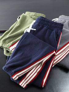 Quần Dài Nam Ấm Áp Bằng Vải Nỉ Hai Mặt Có Dây Thắt Lưng Màu Tương Phản Phong Cách Nhật Bản Quần Dài Thường Ngày Mùa Đông