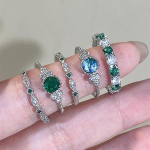 Huitan Stackable Women Silver Color Ring Inlaid Shiny Green Cubic Zirconia Elegant Party Daily Fashion Versatile Slim Jewelry