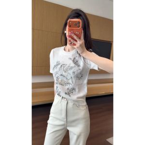 YUEZHONGWEI | Embroidered Short Sleeve Ice Silk Knit Top 2026 Summer