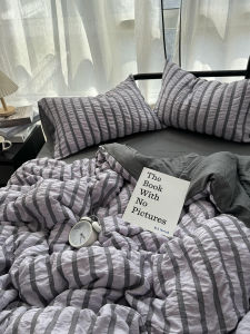 Washed Cotton Floral Embroidery Stripe Bubble Fabric Bedding Set Girls Heart Ins Style Duvet Cover Sheet Three-Piece Set