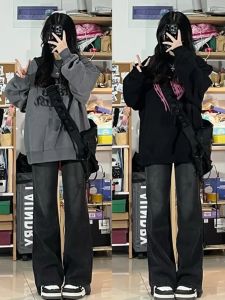 Quần Jeans Ống Loe Cạp Cao Màu Đen Xám Cho Nữ Quần Ống Rộng Thường Ngày Quần Jeans Denim Co Giãn Cotton Dài Mùa Xuân