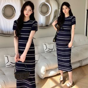 Stylish Maternity French Stripes Long Dress