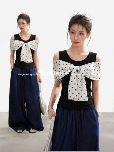 BAIDAIFEI | Black Dots Bow Off-Shoulder T-Shirt