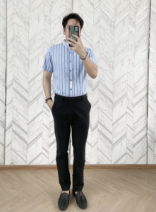 เสื้อเชิ้ตคอจีน - ลายทางคู่ แดง/ฟ้า/ขาว Bonne.Chance เสื้อเชิ้ตชาย แขนสั้น Cotton Oxfrod (ดูสีเพิ่มเติมได้ในรายละเอียดด้านล่าง)